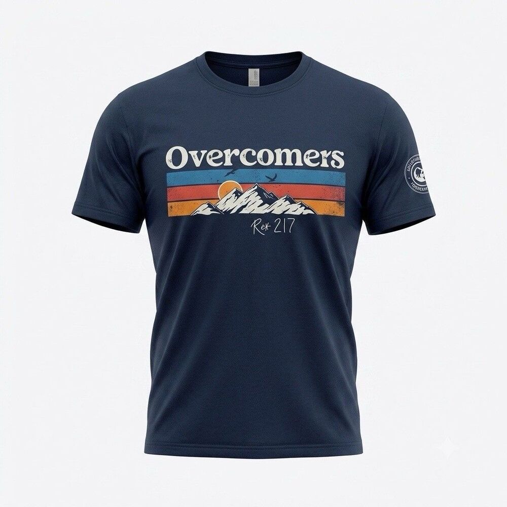 Overcomers Rev 21:7 Graphic T-Shirt Men's Size Medium Navy Blue Mountain Tee